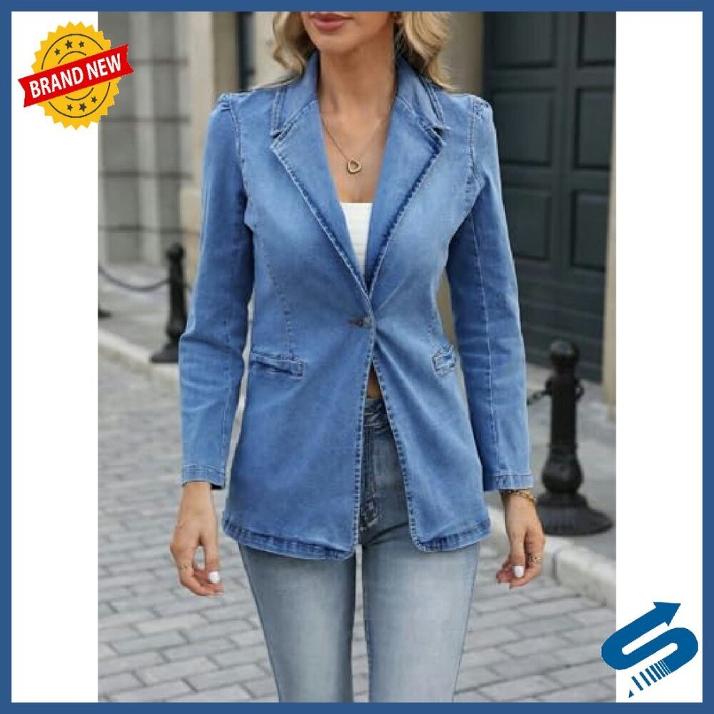 Women's Denim Jacket Slim Fit Stretch Cotton Polyester Elastane Deep V-Neck - Picture 8 of 8